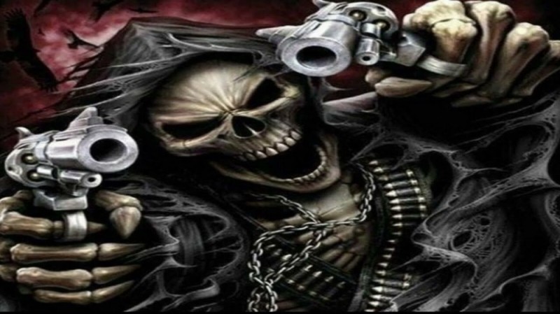 Create meme: cool skeletons with a gun, a skeleton with a revolver, skeleton with a gun