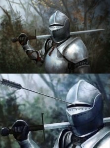 Create meme: knight arrow in helmet art, medieval knight, a knight with an arrow in the helmet