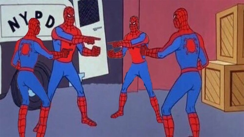Создать мем: человек паук показывает на человека паука мем, 3 человека паука мем, мем 2 человека паука