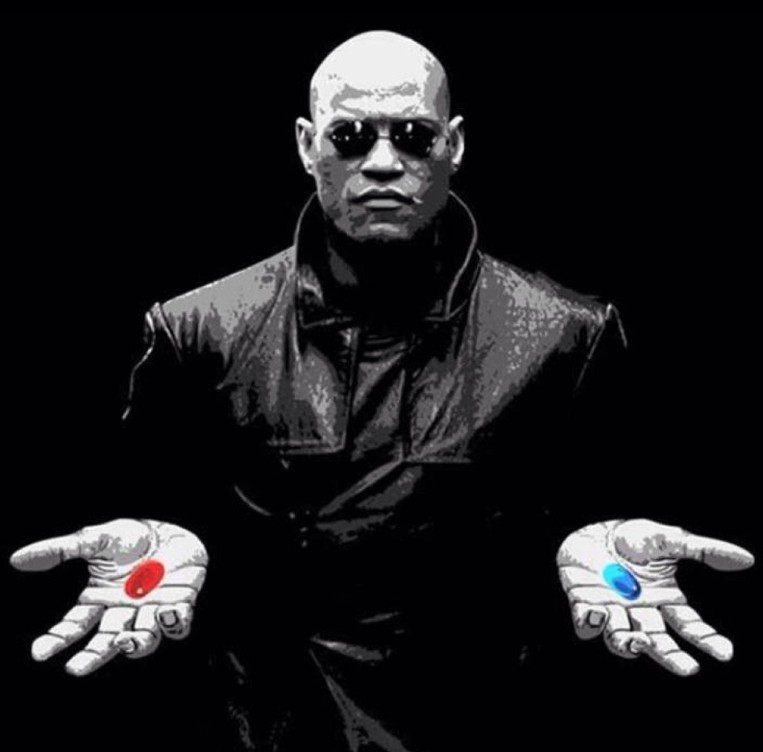 Создать мем: морфеус красная или синяя таблетка, красная и синяя таблетка, матрица морфеус таблетки
