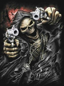 Create meme: skull with guns, skeleton with a gun, skeleton with a gun