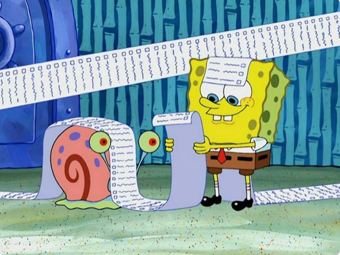 Create meme: spongebob with a long list, spongebob with list, spongebob spongebob