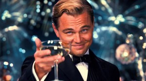Create meme: DiCaprio's Gatsby with a glass of, DiCaprio with a glass of, Leonardo DiCaprio