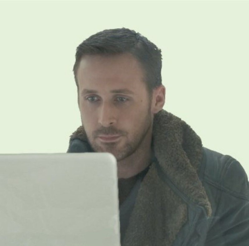 Create meme: Ryan Gosling blade runner 2049, ryan gosling , Ryan Gosling at the computer meme