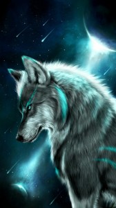 Create meme: the spirit of the wolf, fantasy wolf, wolf on the background of the cosmos