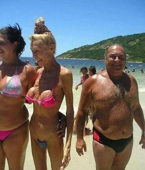 Create meme: granny with silicone on the beach, cool swimsuits, grandma in a Thong at the beach