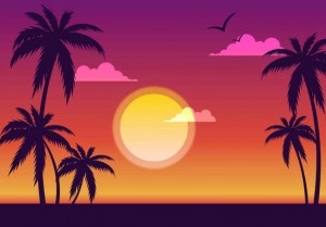 Create meme: palm trees sunset, beach sunset vector, beach sunset