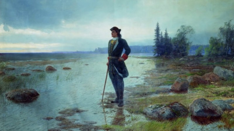 Create meme: Peter the Great on the shore of the desert waves, Venetsianov Peter the Great foundation of St. Petersburg, painting Peter the Great