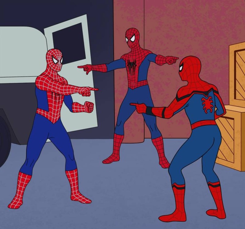 Create meme: two spider-men, spider-men point at each other, meme two spider-man