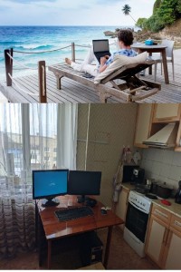Create meme: man with laptop at the sea, freelance, freelancer at sea