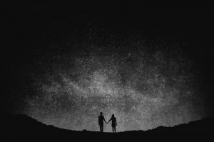 Create meme: darkness, starry sky love pictures, couple on a background of the starry sky pattern
