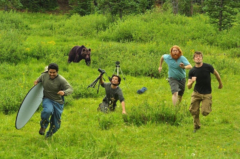 Создать мем: день фотографа, на охоте, человек убегает от медведя