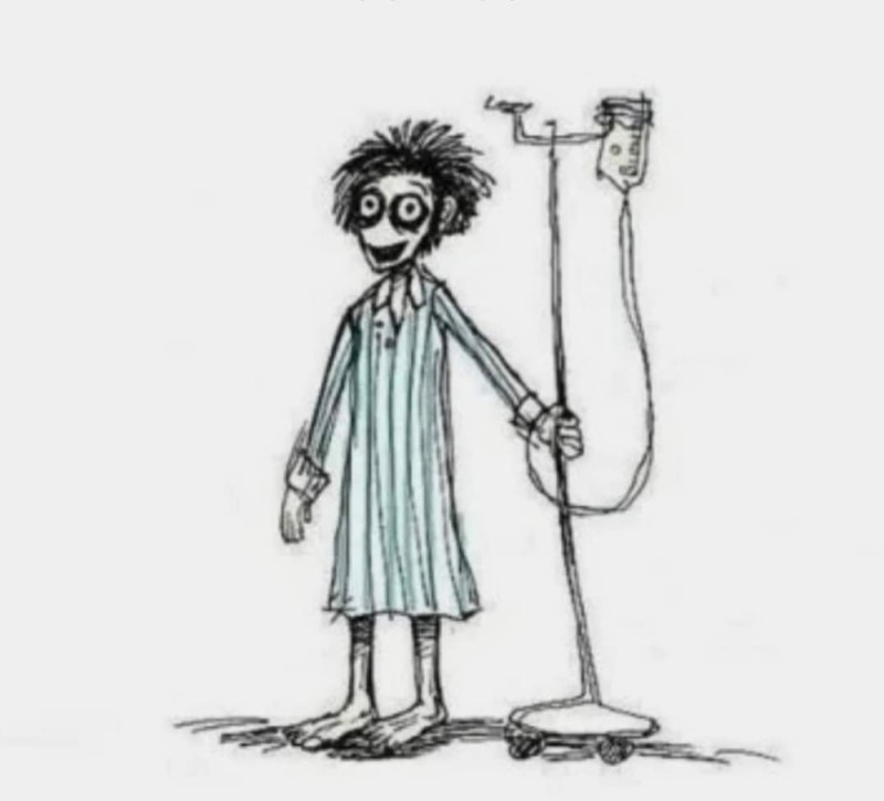 Create meme: the man with the IV, meme with dropper, Tim Burton's drawing style