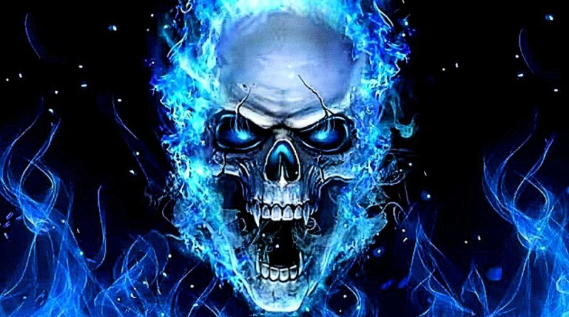 Create meme: flaming skull, blue skull, skull on fire