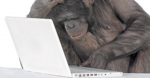 Create meme: monkey, a monkey with a laptop, nerd