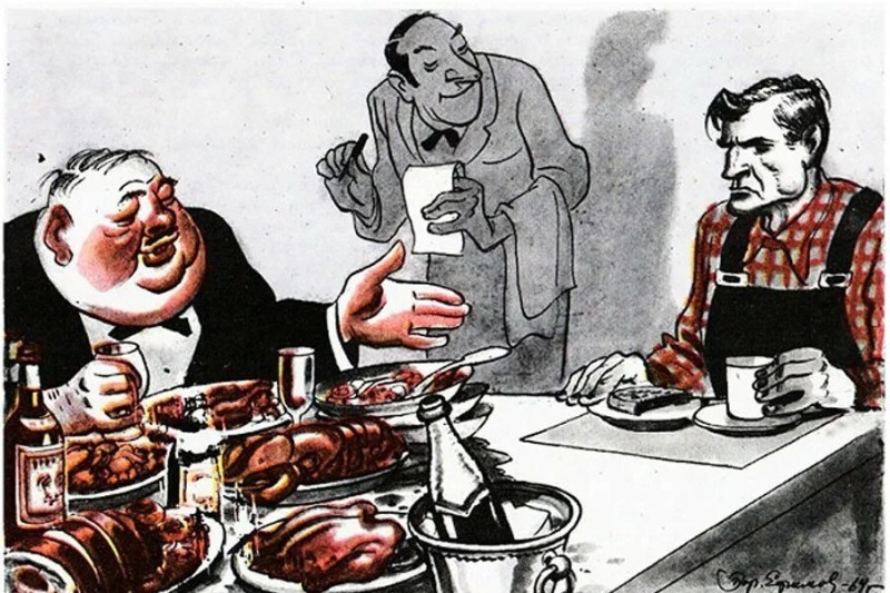 Create meme: in the restaurant the Union of labor and capital, a caricature of a bourgeois and a worker in the USSR, Soviet cartoons