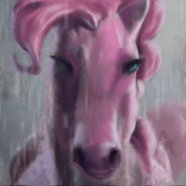 Создать мем: розовая лошадь, лошадь на розовом фоне, картина розовый конь