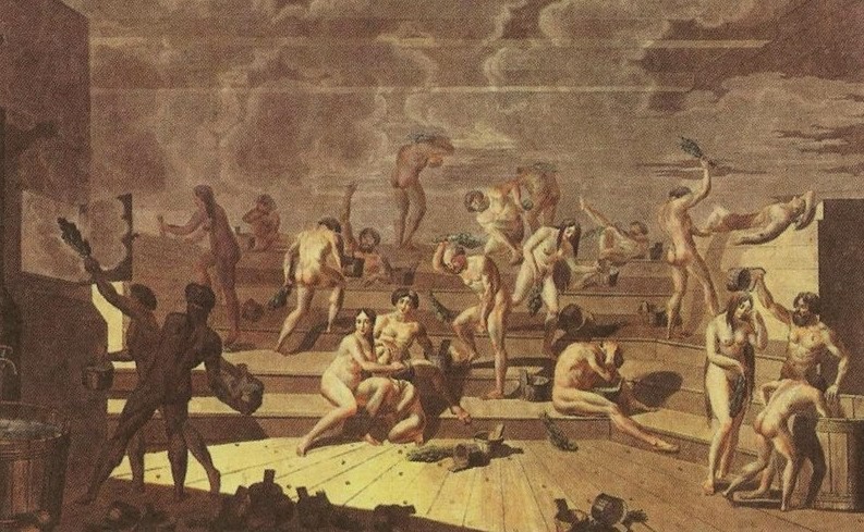 Create meme: "Russian bathhouse" by E.M. Korneev, 1812., Russian bath paintings, E. M. Korneev "Russian bathhouse", 1812