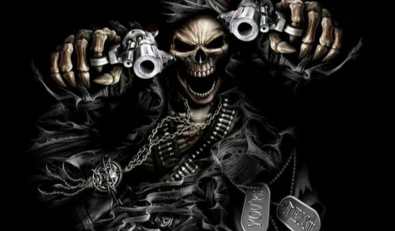 Create meme: skeleton with a gun, cool skeleton with a gun, A skeleton with pistols