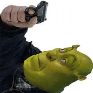 Create meme: high Shrek with a gun, people, memes with Shrek