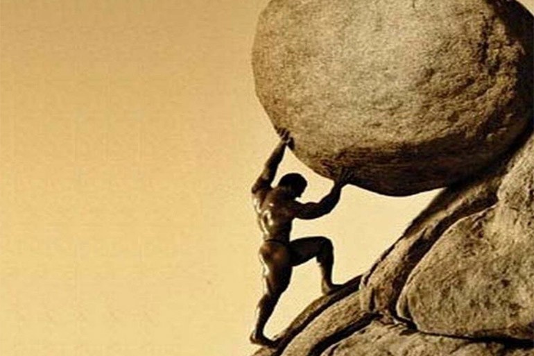 Create meme: a man drags a stone uphill, dragging a stone uphill, sisyphus is a myth