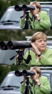 Create meme: Merkel looks through binoculars, angel Merkel, photo of Merkel with binoculars