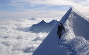 Create meme: climber, clouds over the mountains, vertical