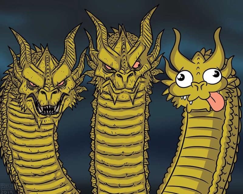 Create meme: dragon meme, King gidora and snake gorynych, Godzilla and king ghidora