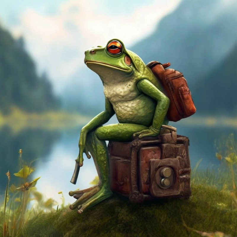 Create meme: painting frog, frog traveler , frog 