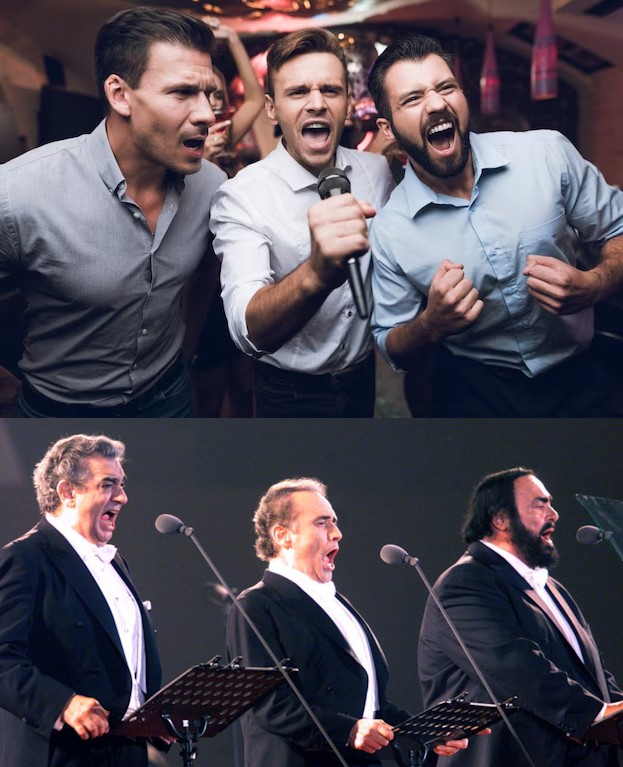 Create meme: karaoke man, performance bachelor party in a restaurant, Three Tenors Placido Domingo Jose Carreras Luciano Pavarotti