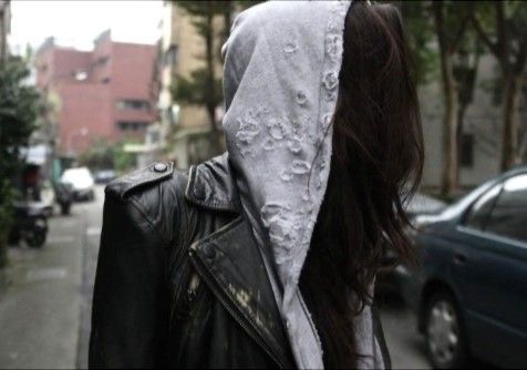 Create meme: leather jacket, the girl in the hood, a girl in a hood without a face