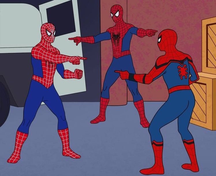Создать мем: человек паук мем двойник, мем 2 человека паука, человек паук показывает на человека паука мем