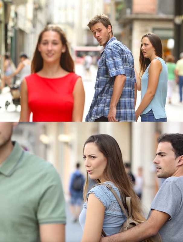 Create meme: the guy looks at the girl meme, distracted boyfriend, the guy turns to girl