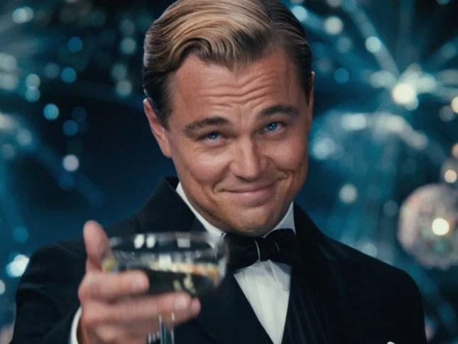 Create meme: Leonardo DiCaprio Gatsby, the great Gatsby Leonardo DiCaprio with a glass of, Leonardo DiCaprio with a glass of