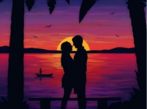 Create meme: lovers at sunset