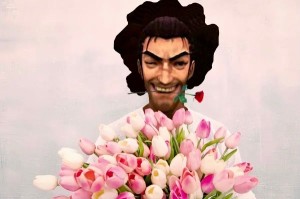 Create meme: a man with a bouquet of tulips on his head, bouquet of tulips, a beautiful bouquet of tulips