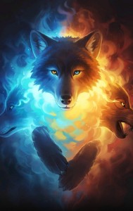 Создать мем: fire wolf, волк, огненный и ледяной волк