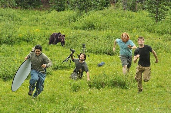 Create meme: a man runs away from a bear, photographers run from the bear, national geographic meme