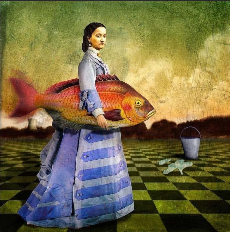 Create meme: drawing surrealism, a woman with a fish, surrealism paintings
