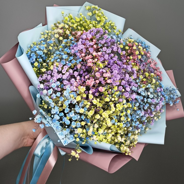 Create meme: bouquet of rainbow gypsophila, rainbow gypsophila bouquet, colored gypsophiles bouquet