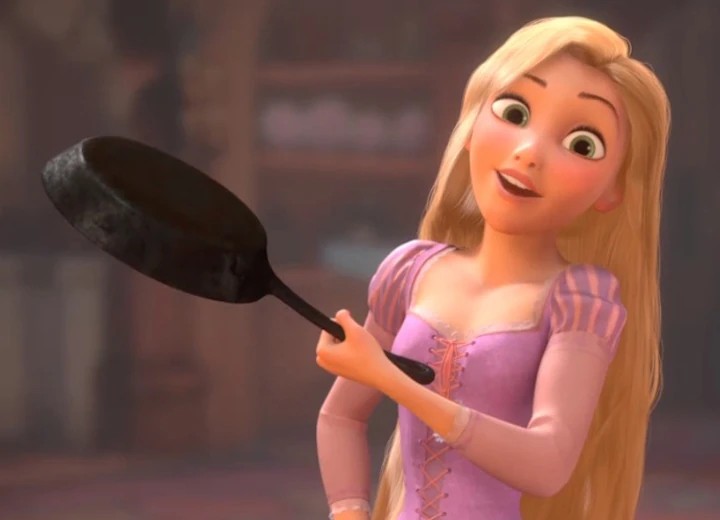 Create meme: Rapunzel with a frying pan, rapunzel with a frying pan, Rapunzel: a complicated story