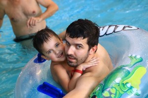 Create meme: Child, pool, dad swims in the pool