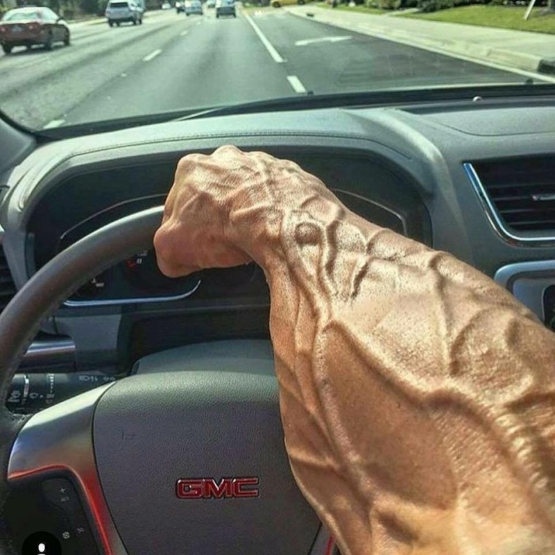 Create meme: an inflated arm with veins, a pumped-up hand behind the wheel, a hand with veins at the wheel