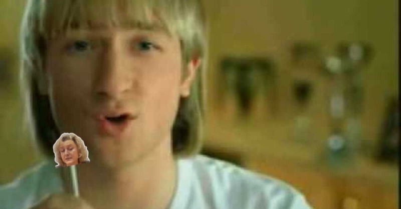 Create meme: evgeny plushenko chupa chups, plushenko chupa chups, Plushenko advertising a chupa