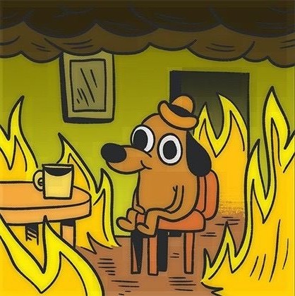 Создать мем: пёс сидит в горящем доме, собачка в горящем доме мем, пес в горящем доме