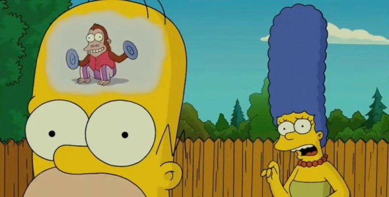 Create meme: the simpsons monkey with plates, Homer the monkey in the head, Homer with the monkey in the head