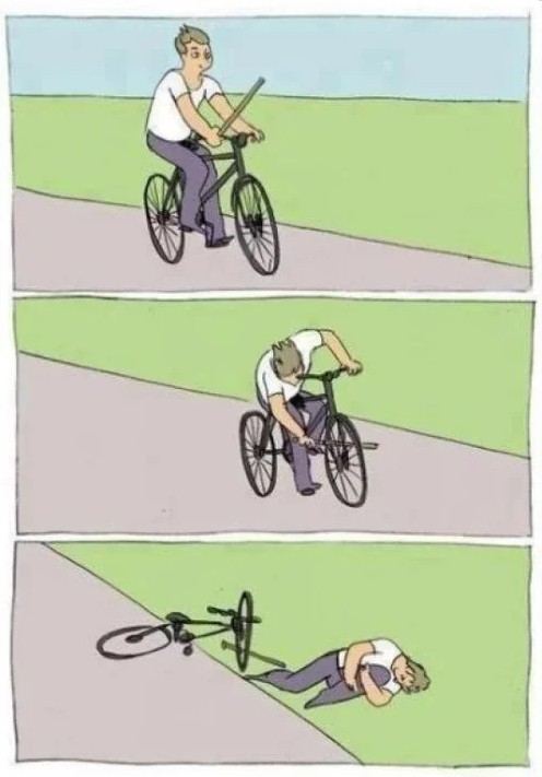Create meme: meme on a bike with a stick, meme spoke in the wheel, memes about the bike