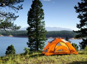 Create meme: happy camper, tent zdarskogo, forest tent lake