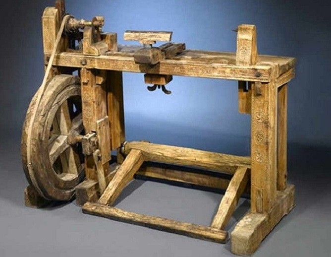 Create meme: the lathe of the 19th century, a lathe with a foot drive 19th century, the lathe of the times of Peter 1