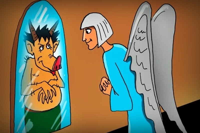 Create meme: distorting mirror , cartoons about angels, mirror caricature